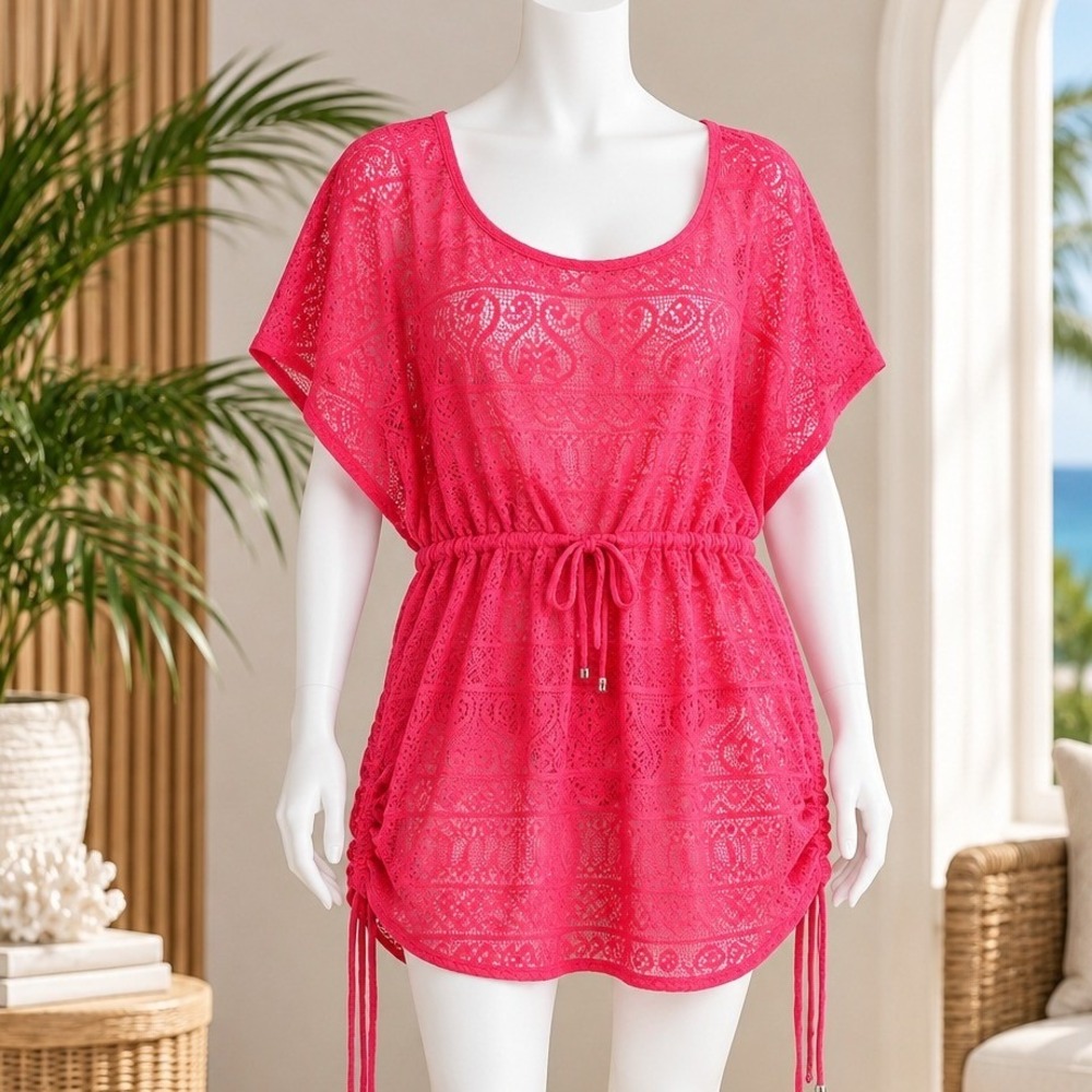 Catalina Womens Swim Cover Up Pink Cactus Heart Lace Cinch 1X 16W